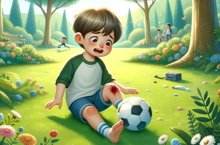 Animirani dečak sa fudbalskom loptom na livadi, sedi sa povredom na kolenu