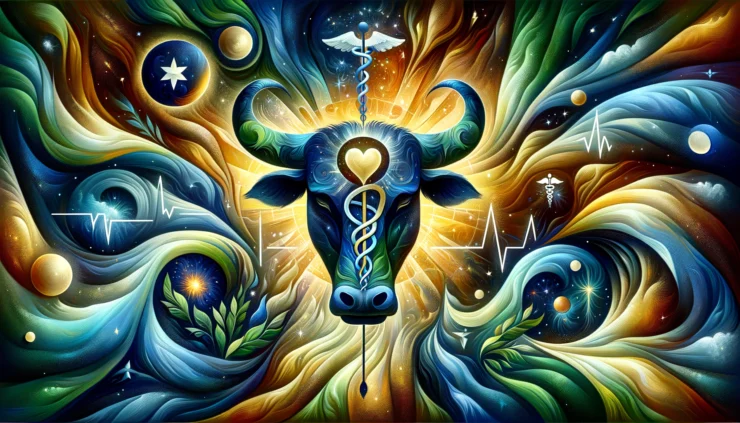 Apstraktni prikaz horoskopa Bika (Bik) sa fokusom na zdravlje. Slika uključuje simbolične elemente kao što su kaducej, otkucaji srca, lišće i nebeska tela, sa živim i umirujućim bojama koje izazivaju osećaj vitalnosti i blagostanja.