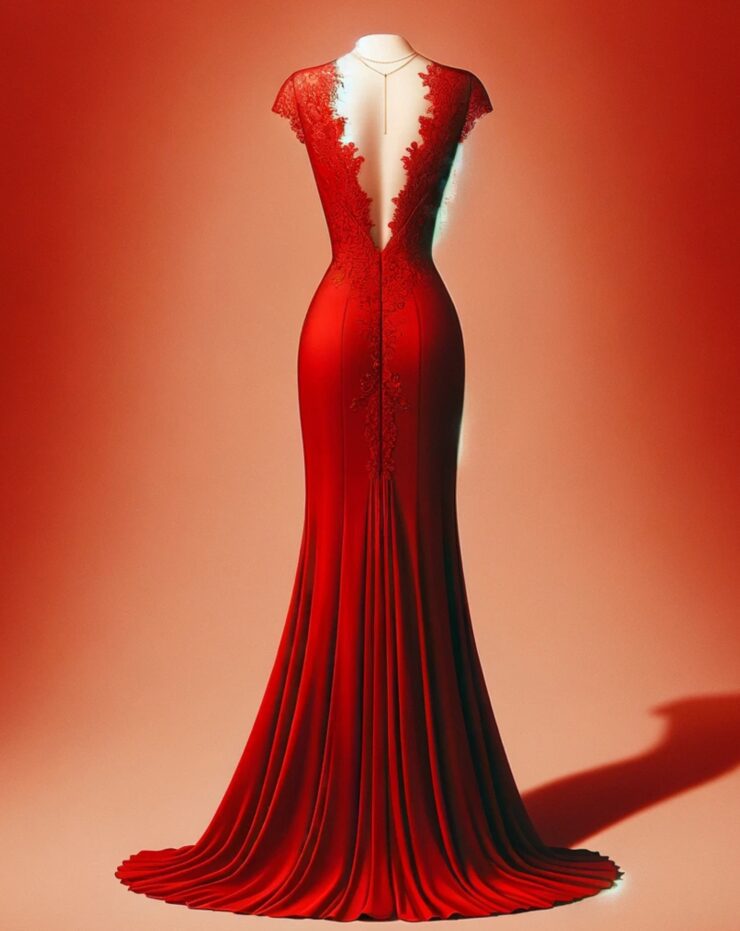 Duga crvena haljina sa dubokim V-izrezom i čipkastim detaljima na leđima