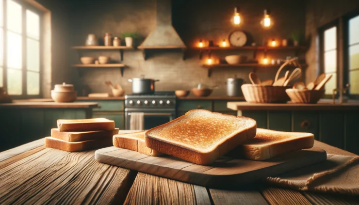 U prvom planu su parčići običnog tosta, uredno aranžirani na drvenoj podlozi. Pozadina je rustična kuhinja sa toplim osvetljenjem, stvarajući prirodan i domaći osećaj