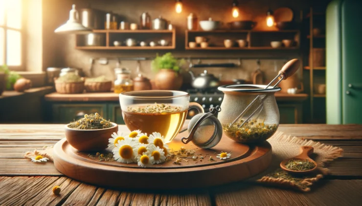 U prvom planu su šoljica čaja od kamilice, mala posuda sa sušenim cvetovima kamilice i infuzer za čaj, sve lepo aranžirani na drvenoj podlozi. Pozadina je rustična kuhinja sa toplim osvetljenjem