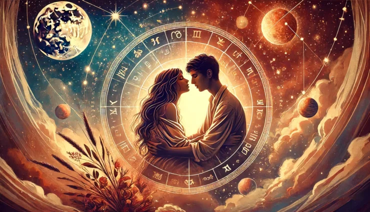 Romantična i inspirativna scena koja predstavlja ljubav u horoskopu Strelca. Par pod zvezdama, deli nežan trenutak. U pozadini se nalaze nebeski elementi poput zvezda, planeta i sazvežđa, stvarajući magičnu atmosferu. Boje su tople i žive, hvatajući suštinu romantike i emocionalne veze.